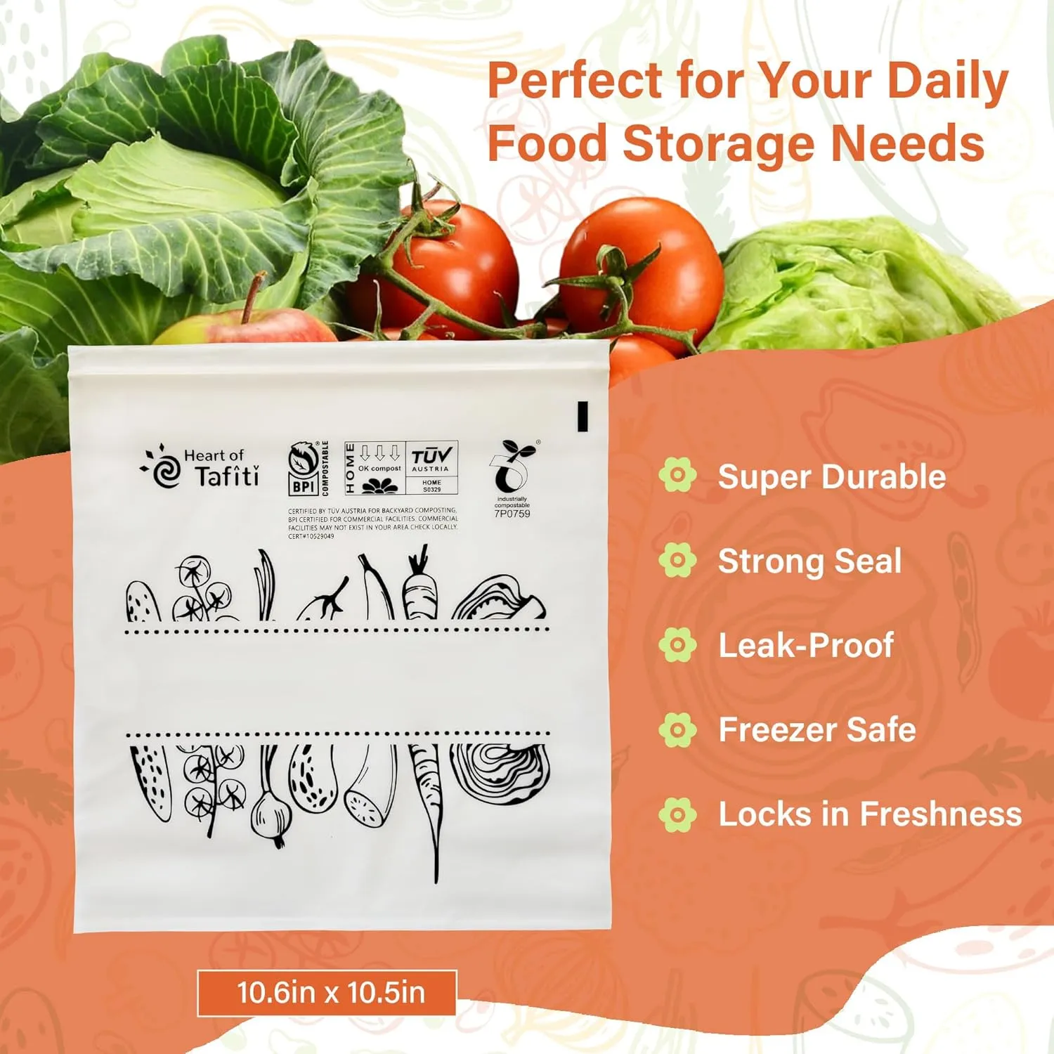 Compostable Food Storage Bags, Large Gallon Resealable Freezer Bags, 60 Count, 10.5 x 10.6 inches, Extra Thick and Reusable, Certified OK Compost, Biodegradable Eco-Friendly