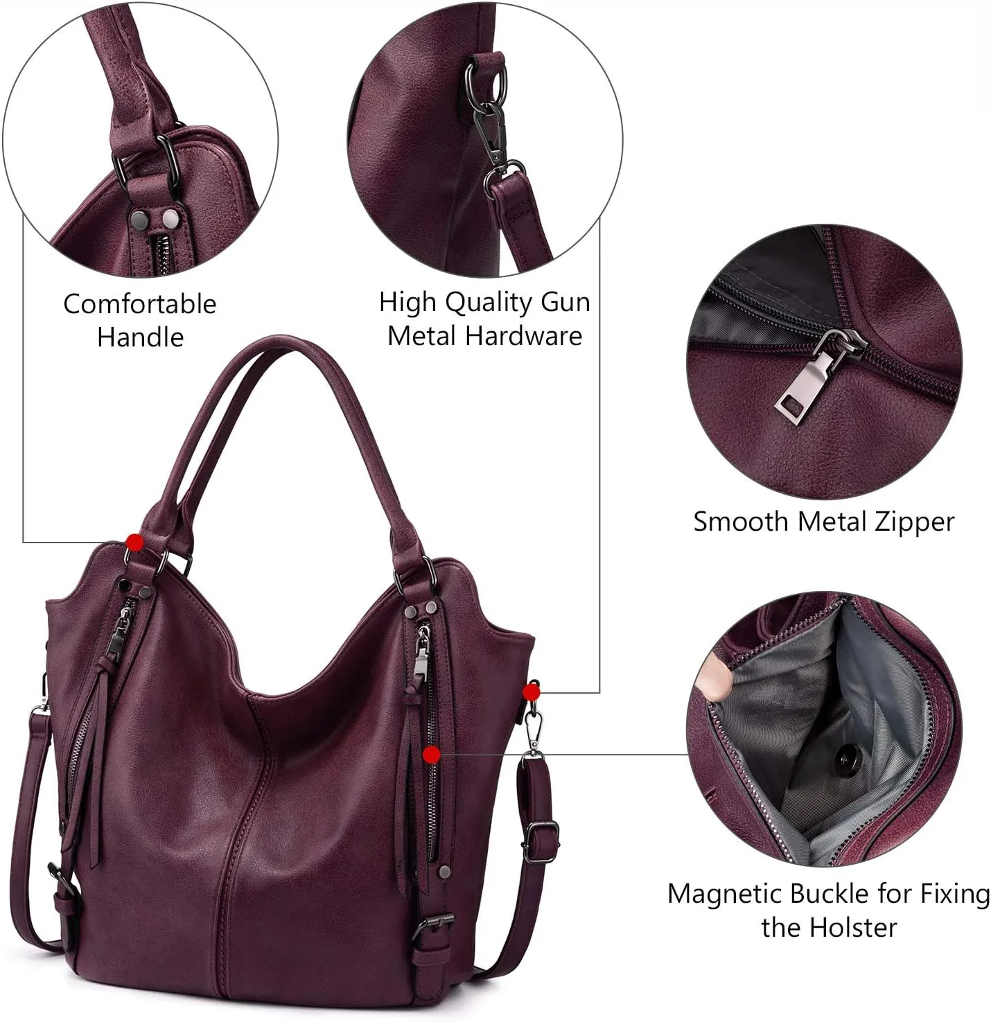 Concealed Carry Hobo Purse for Women Faux Leather Crossbody Shoulder Bags Large Tote Bag with Detachable Holster