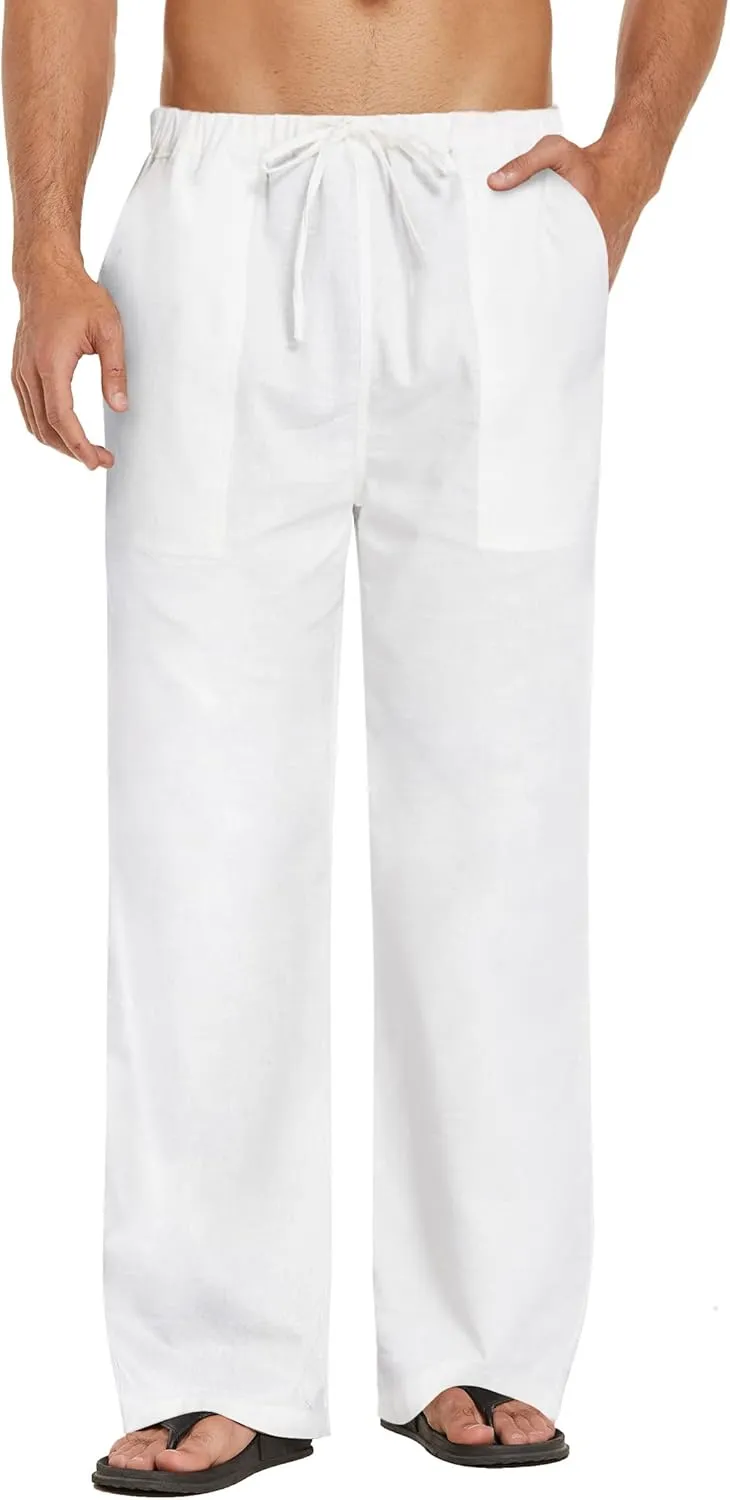 COOFANDY Mens Casual Linen Pants Elastic Waist Linen Pants Drawstring Summer Beach Yoga Linen Trouser