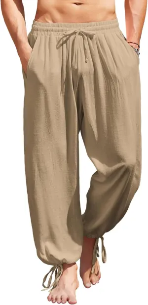 COOFANDY Men's Cotton Linen Pants Casual Harem Pants Elastic Waist Beach Boho Yoga Trousers