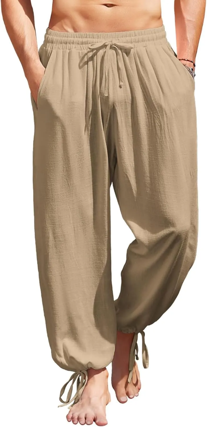 COOFANDY Men's Cotton Linen Pants Casual Harem Pants Elastic Waist Beach Boho Yoga Trousers
