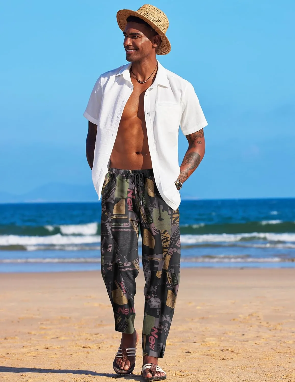 COOFANDY Men's Linen Harem Drawstring Pants Casual Elastic Waist Lightweight Trouser Hippie Summer Beach Yoga Pants