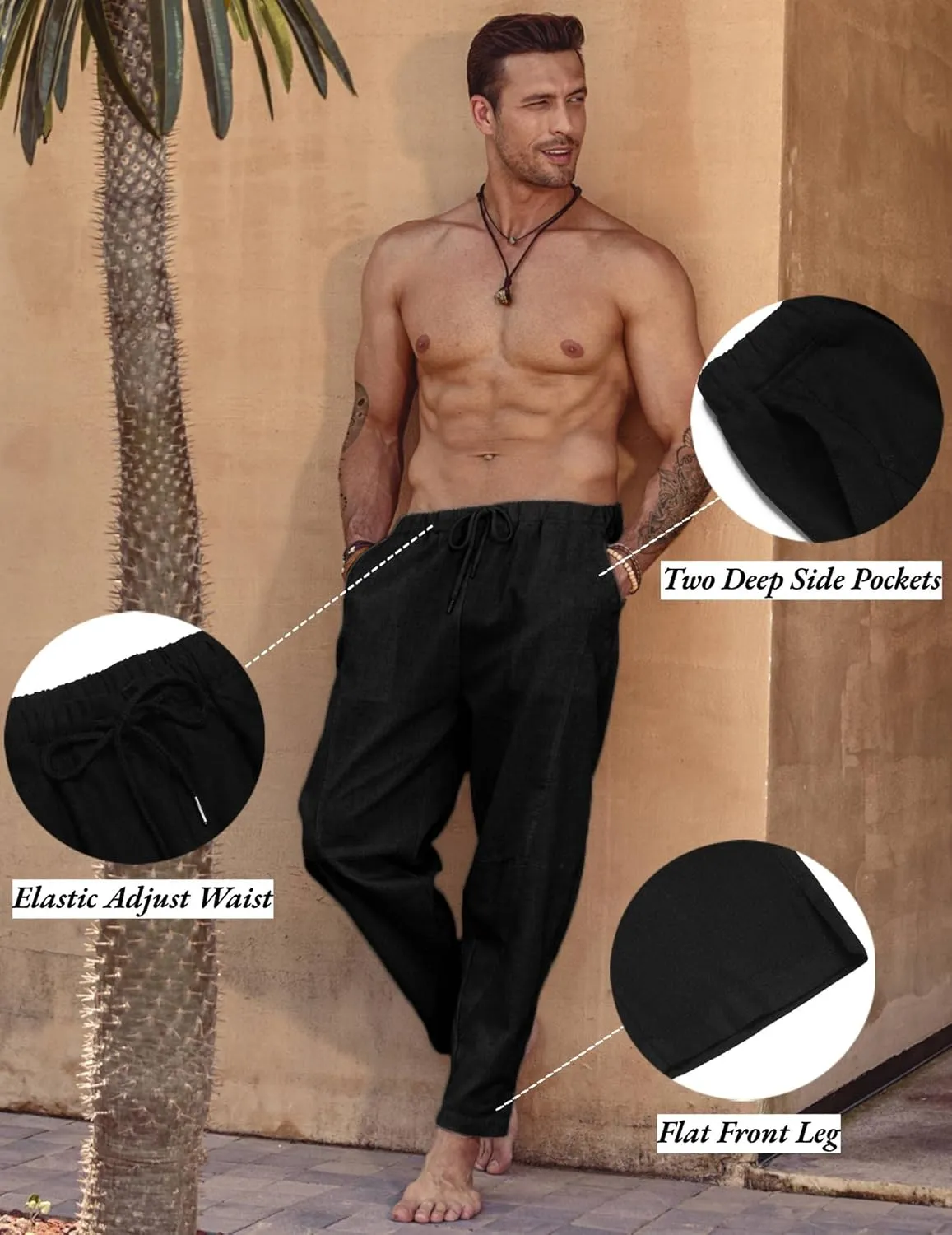 COOFANDY Men's Linen Harem Drawstring Pants Casual Elastic Waist Lightweight Trouser Hippie Summer Beach Yoga Pants