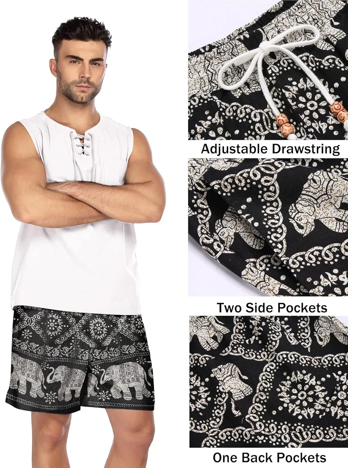 COOFANDY Men's Linen Shorts Casual Elastic Waist Drawstring Summer Beach Shorts