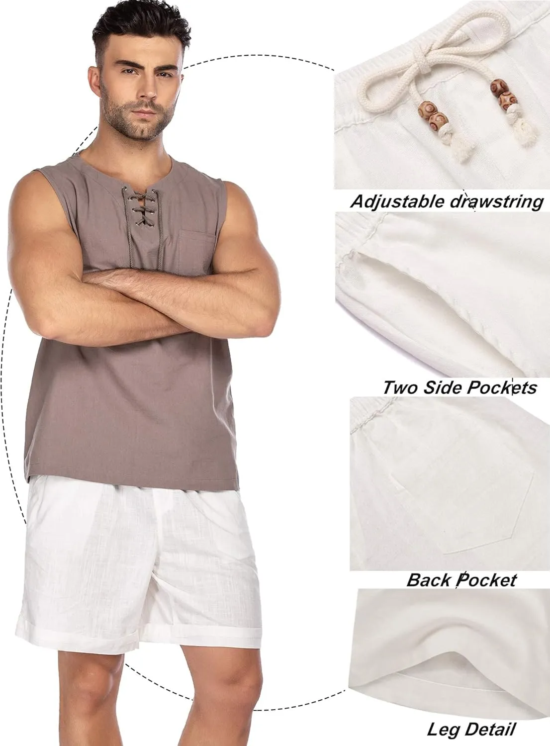 COOFANDY Men's Linen Shorts Casual Elastic Waist Drawstring Summer Beach Shorts