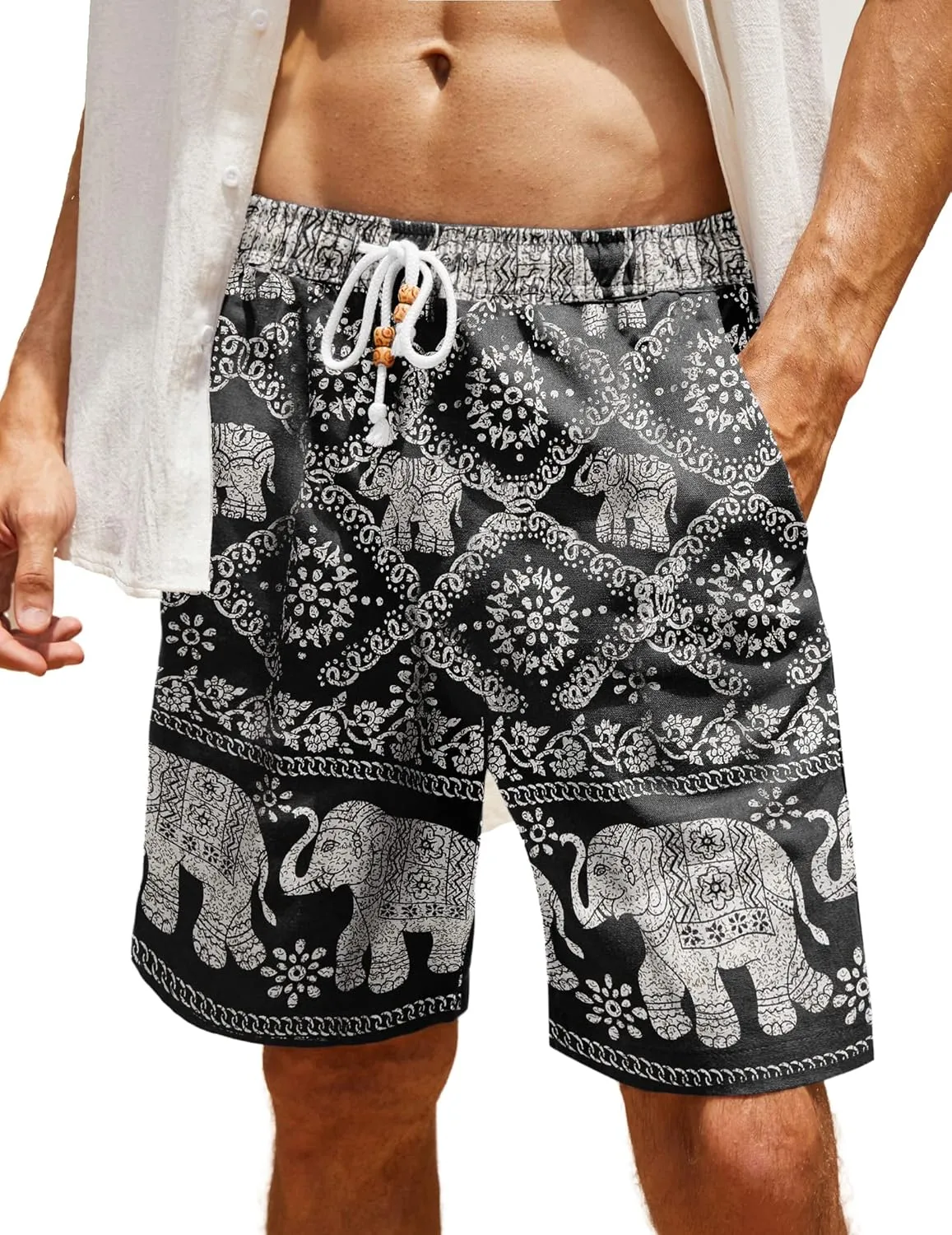 COOFANDY Men's Linen Shorts Casual Elastic Waist Drawstring Summer Beach Shorts
