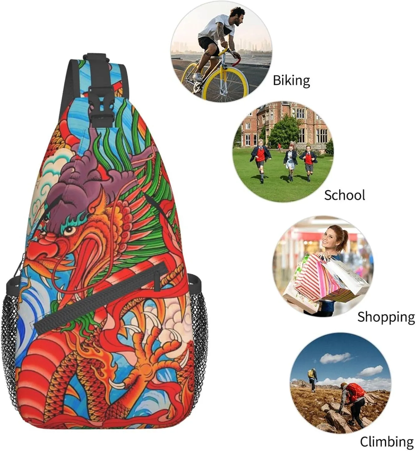 Cool Chinese Dragon Sling Bag,Casual Crossbody Backpack Shoulder Chest Bag for Women Men Travel Hiking Daypack