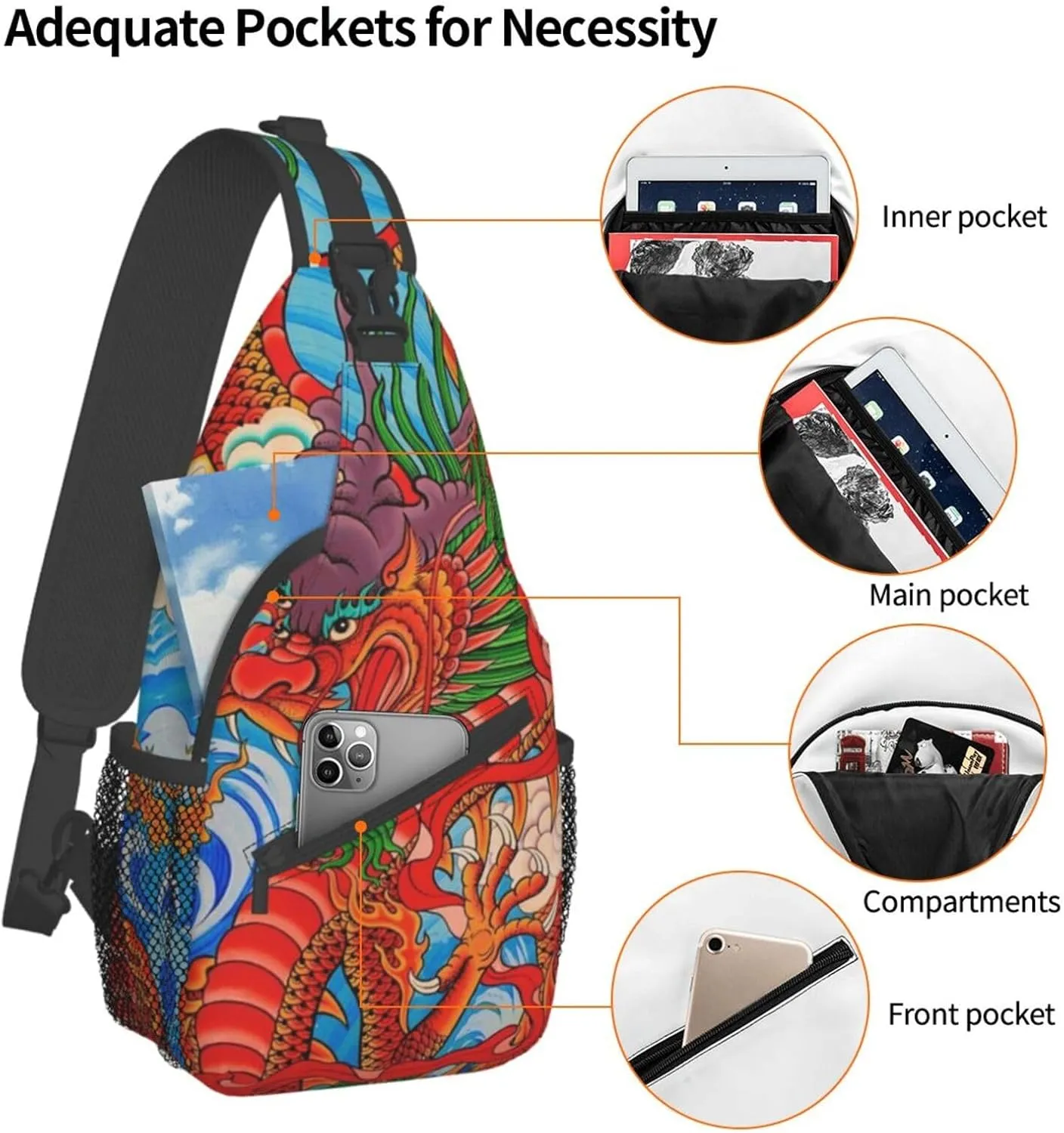 Cool Chinese Dragon Sling Bag,Casual Crossbody Backpack Shoulder Chest Bag for Women Men Travel Hiking Daypack