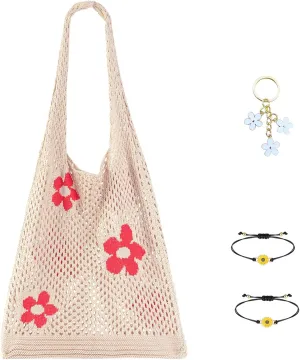 Crochet Tote Bag with Cute KeyChain Sunflower Bracelet - Aesthetic Mesh Beach & Pool Hobo Bag