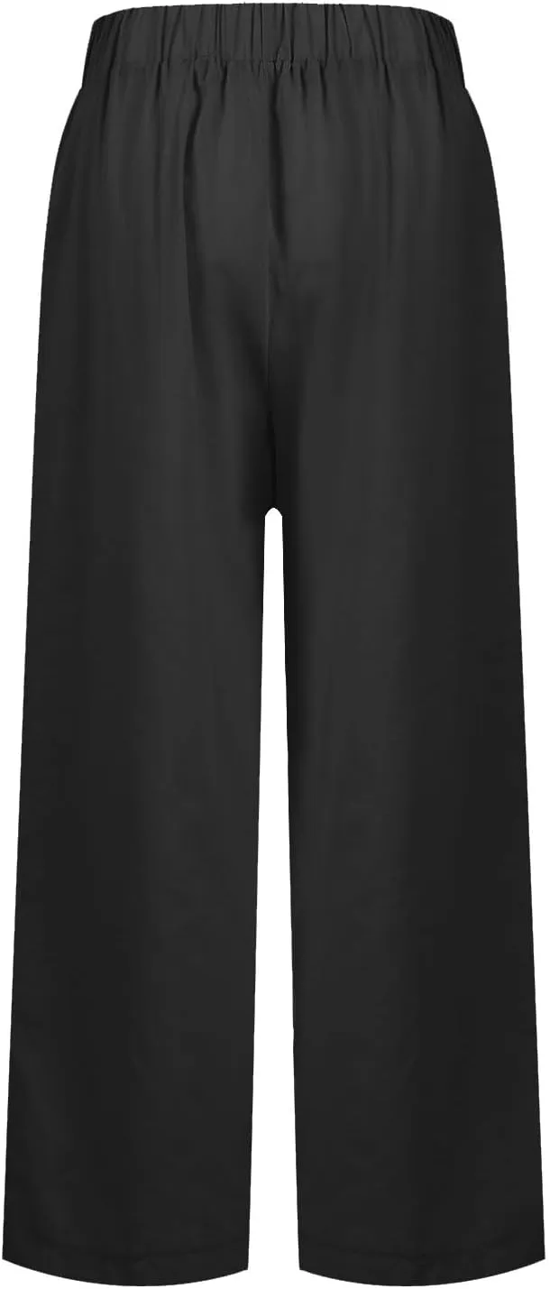 Cropped Linen Pants Women Summer Elastic Waist Straight Leg Plus Size Crop Pants Casual Beach Trousers with Pockets