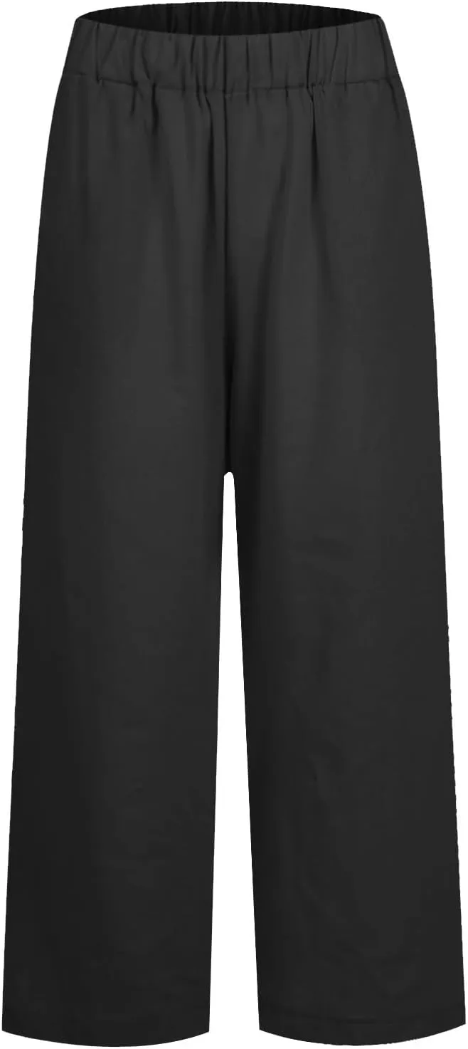 Cropped Linen Pants Women Summer Elastic Waist Straight Leg Plus Size Crop Pants Casual Beach Trousers with Pockets