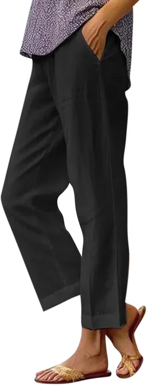 Cropped Linen Pants Women Summer Elastic Waist Straight Leg Plus Size Crop Pants Casual Beach Trousers with Pockets