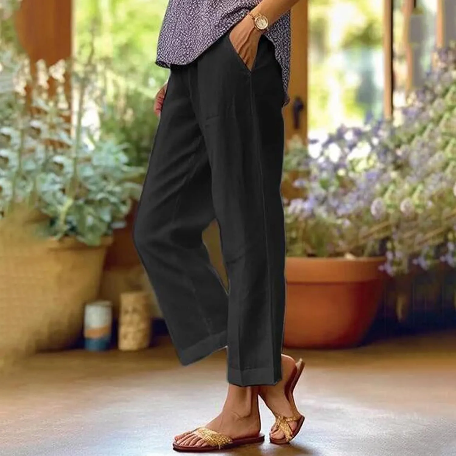 Cropped Linen Pants Women Summer Elastic Waist Straight Leg Plus Size Crop Pants Casual Beach Trousers with Pockets