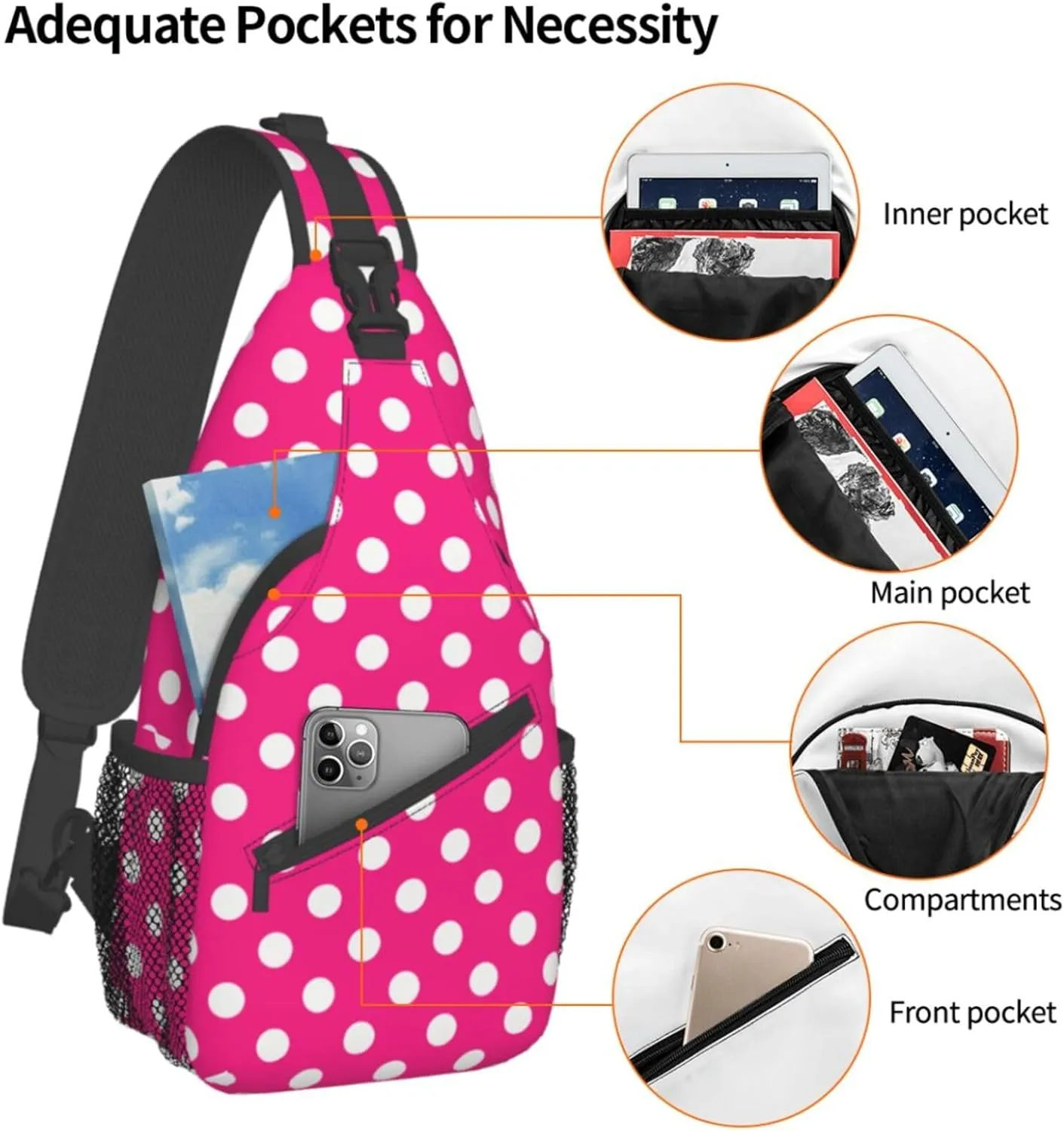 Crossbody Bags For Women Men Pink White Polka Dots Sling Backpack Chest Shoulder Bag Gym Cycling Travel Hiking Daypack