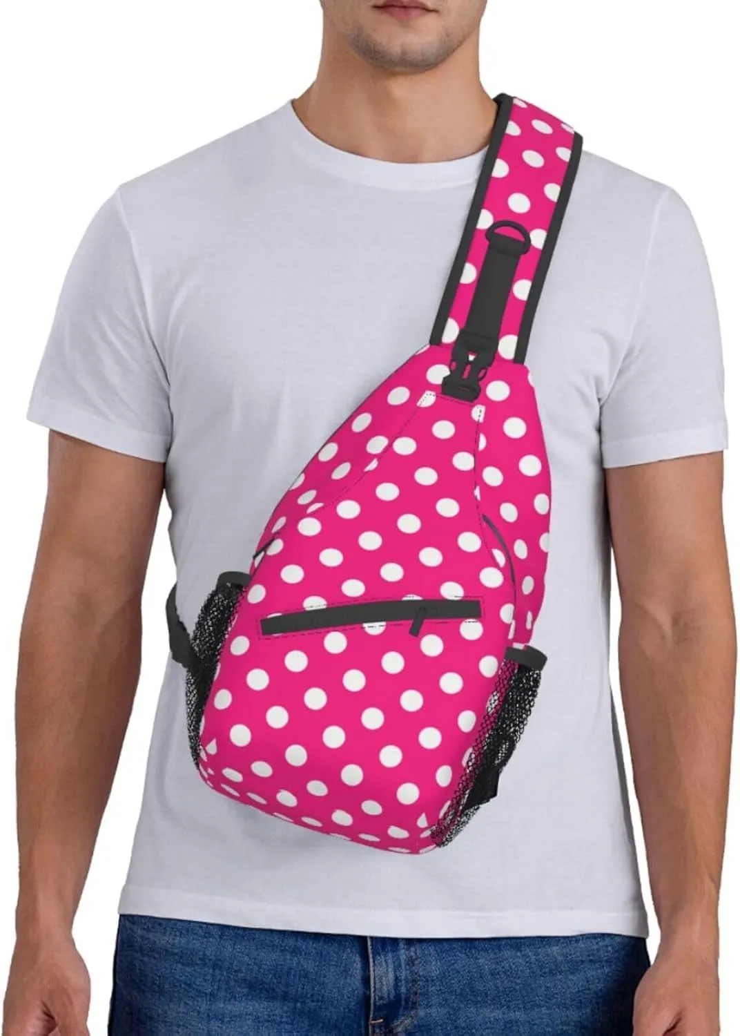 Crossbody Bags For Women Men Pink White Polka Dots Sling Backpack Chest Shoulder Bag Gym Cycling Travel Hiking Daypack