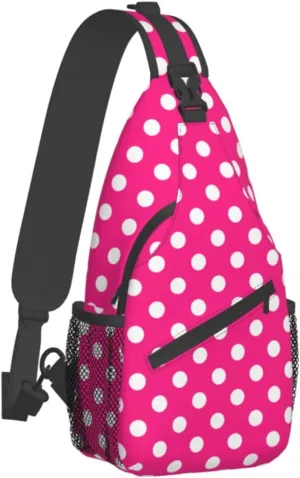 Crossbody Bags For Women Men Pink White Polka Dots Sling Backpack Chest Shoulder Bag Gym Cycling Travel Hiking Daypack