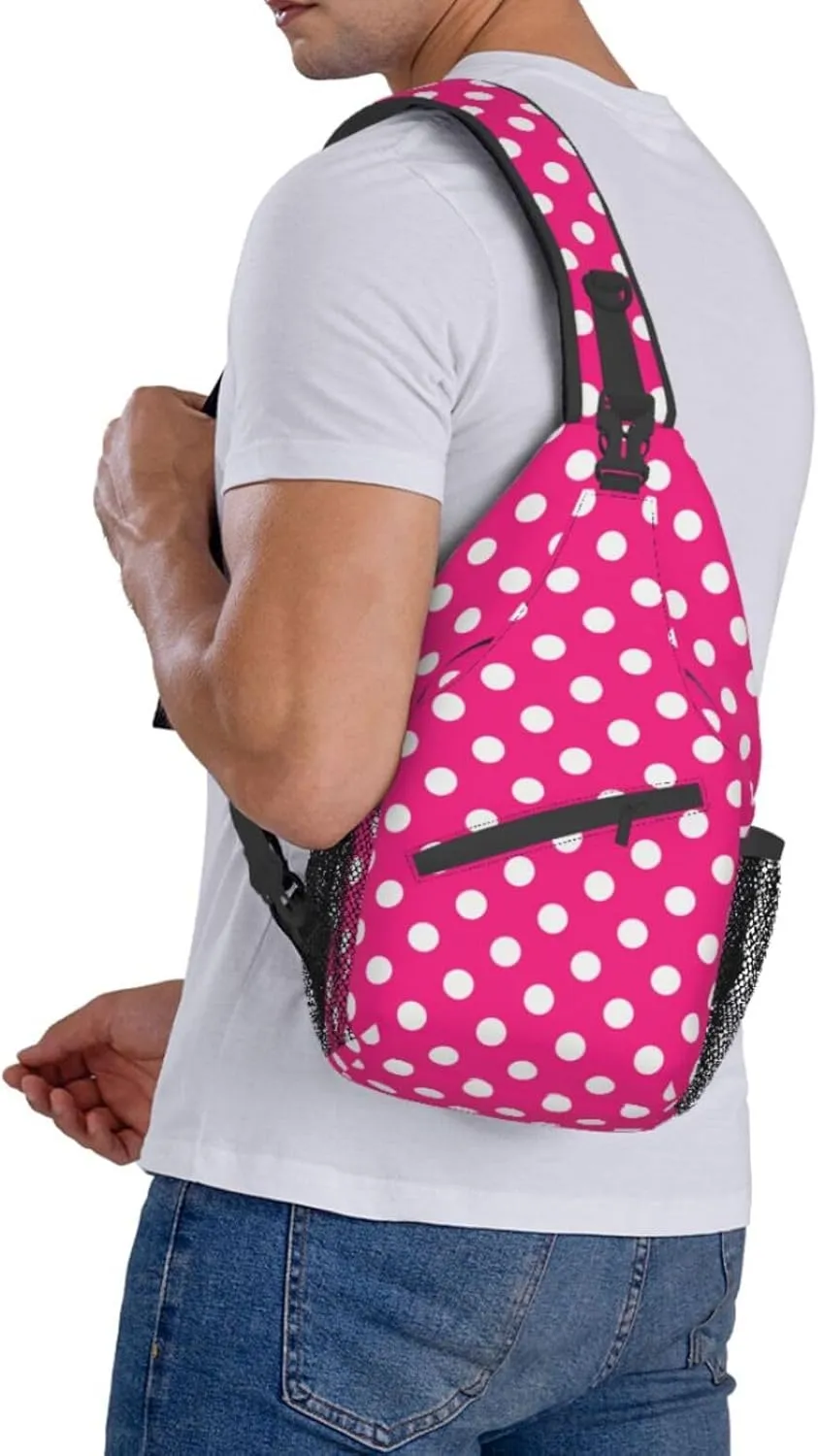 Crossbody Bags For Women Men Pink White Polka Dots Sling Backpack Chest Shoulder Bag Gym Cycling Travel Hiking Daypack