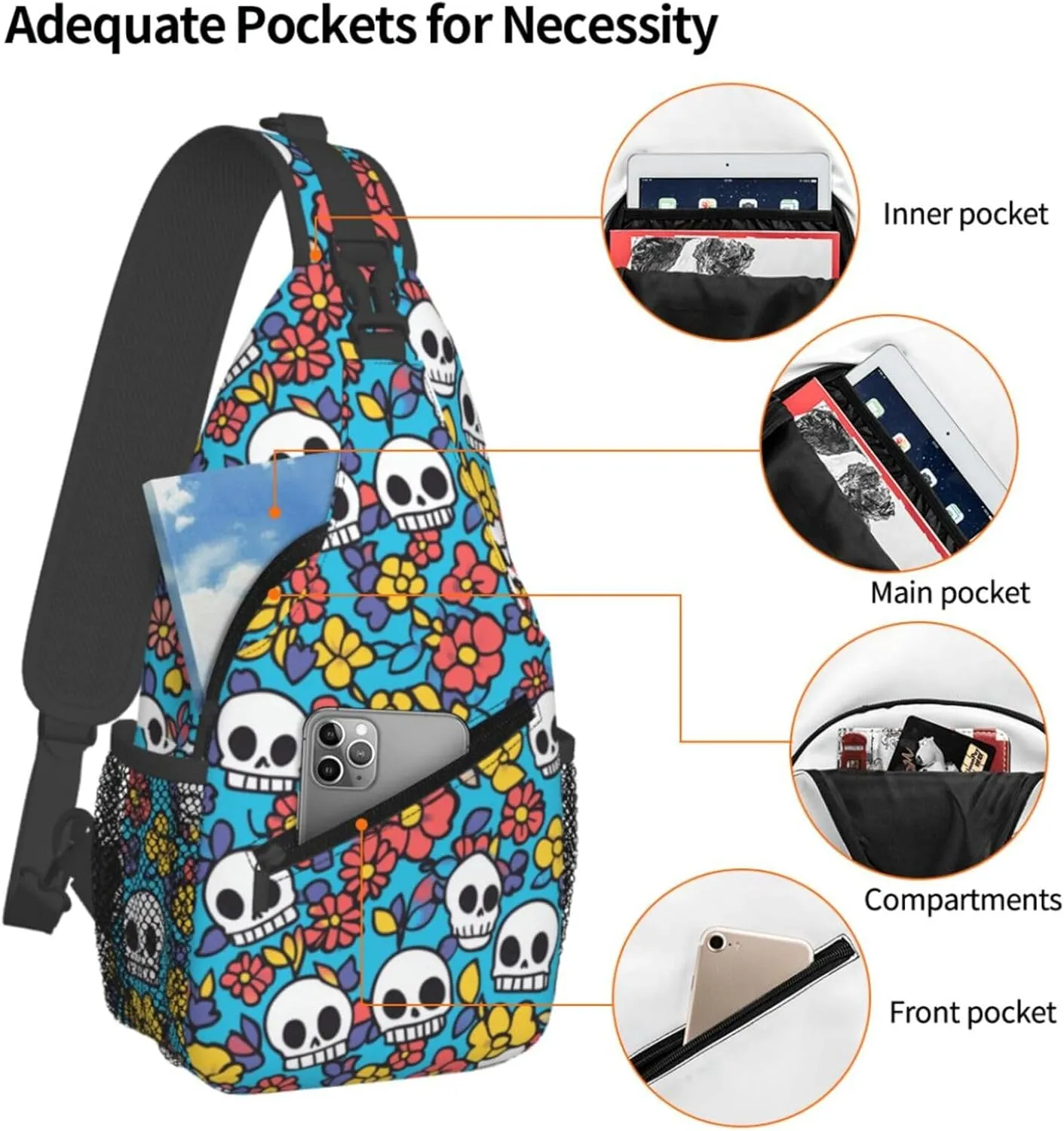 Crossbody Bags For Women Men Skull Flower Blue Sling Backpack Chest Shoulder Bag Gym Cycling Travel Hiking Daypack