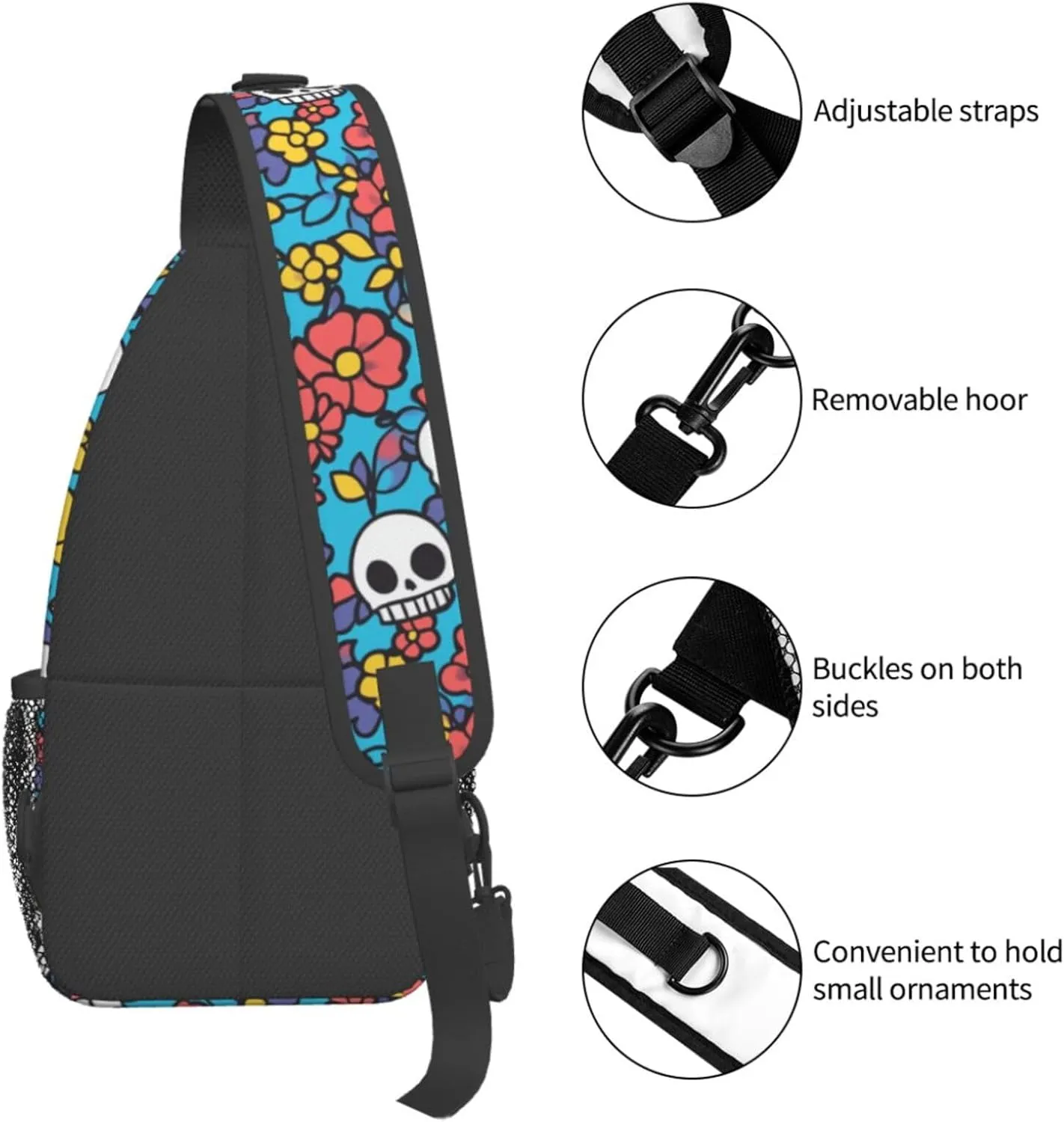 Crossbody Bags For Women Men Skull Flower Blue Sling Backpack Chest Shoulder Bag Gym Cycling Travel Hiking Daypack