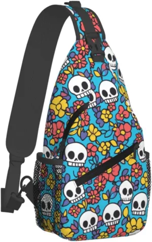 Crossbody Bags For Women Men Skull Flower Blue Sling Backpack Chest Shoulder Bag Gym Cycling Travel Hiking Daypack