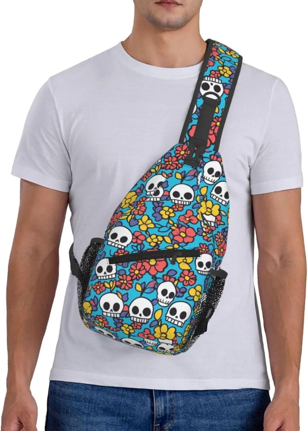 Crossbody Bags For Women Men Skull Flower Blue Sling Backpack Chest Shoulder Bag Gym Cycling Travel Hiking Daypack