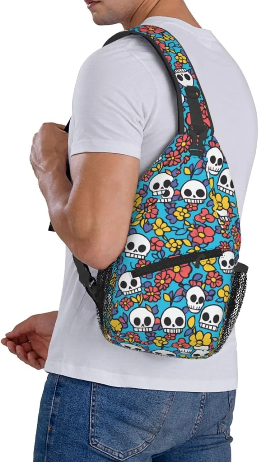 Crossbody Bags For Women Men Skull Flower Blue Sling Backpack Chest Shoulder Bag Gym Cycling Travel Hiking Daypack