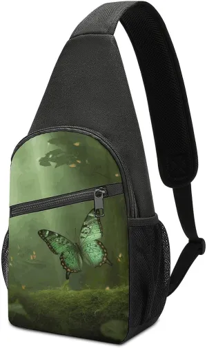 Crossbody Bags for Women Sling Backpack Green Forest Butterfly Chest Bag Daypack Fanny Pack Cross Body Bag
