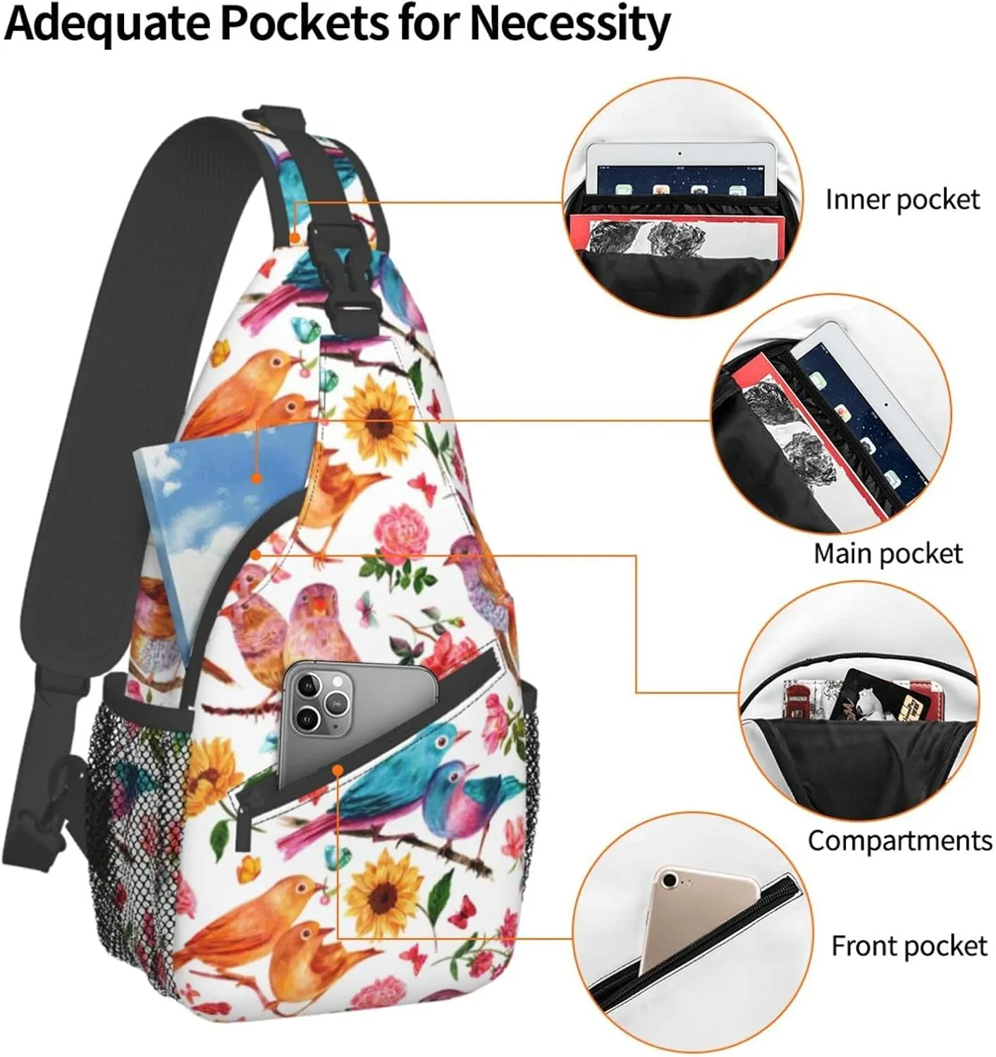 Crossbody Sling Backpack Sling Bag Chest Bag Shoulder Bag Travel Hiking Daypack For Men Women-Flowers Birds And Butterflies