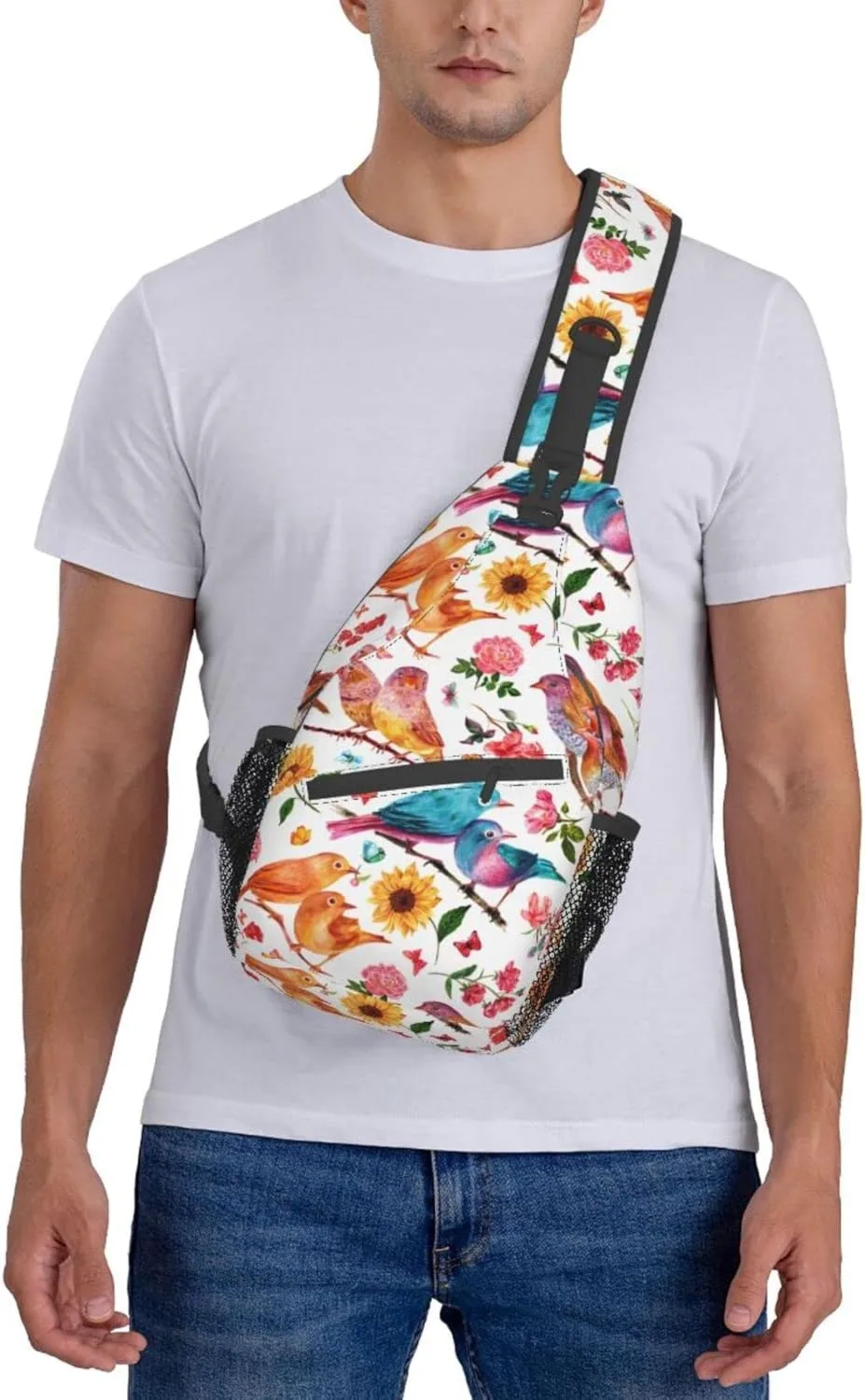 Crossbody Sling Backpack Sling Bag Chest Bag Shoulder Bag Travel Hiking Daypack For Men Women-Flowers Birds And Butterflies