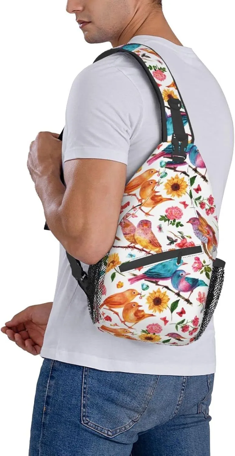 Crossbody Sling Backpack Sling Bag Chest Bag Shoulder Bag Travel Hiking Daypack For Men Women-Flowers Birds And Butterflies