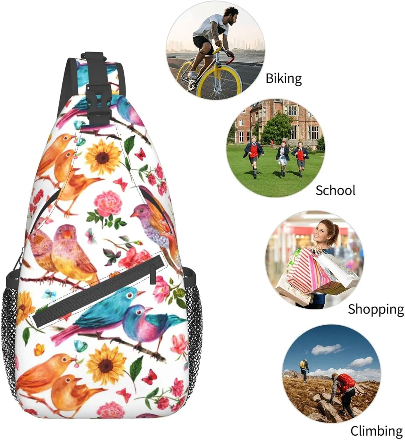 Crossbody Sling Backpack Sling Bag Chest Bag Shoulder Bag Travel Hiking Daypack For Men Women-Flowers Birds And Butterflies