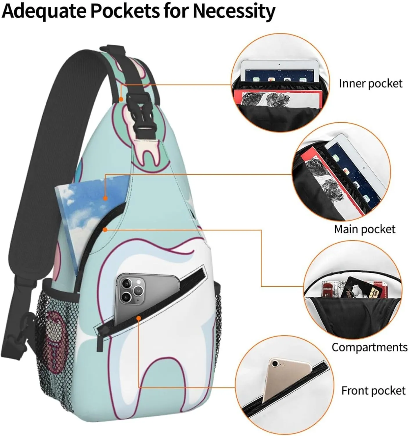 Crossbody Sling Bag for Men Women, Dental Care Tooth Teeth Sling Backpack Shoulder Chest Bag, Anti Theft Travel Hiking Daypacks