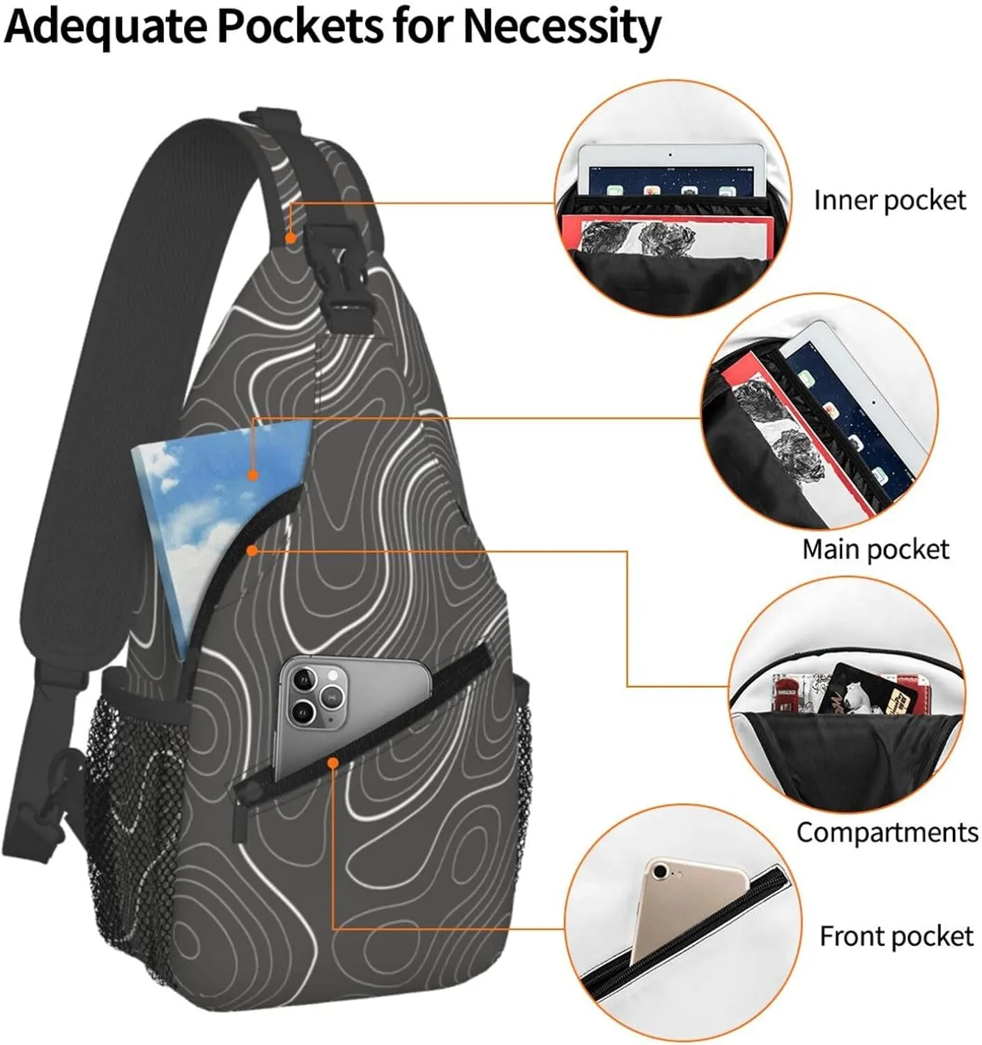 Crossbody Sling Bag for Men Women, Topography Contour Map Sling Backpack Shoulder Chest Bag, Anti Theft Travel Hiking Daypacks