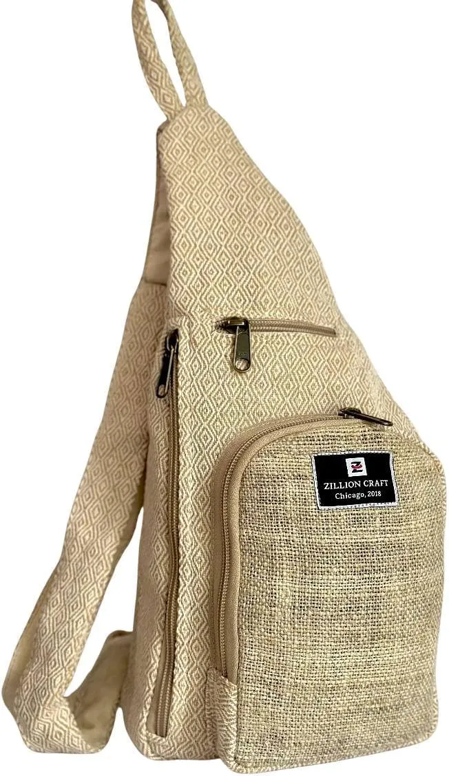 Crossbody sling bag. Hand crafted mini back pack made with natural Hemp and cotton from Himalaya. Sweatproof breathable fabric with unbreakable YKK Zipper chain. Unisex classic design.