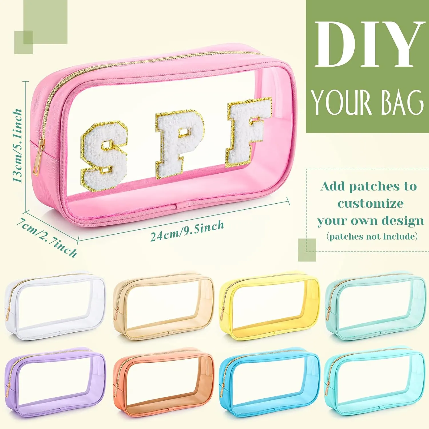 Cunno 9 Pcs Preppy Clear Makeup Bag DIY Chenille Letter Pouch Large Nylon Makeup Bag Travel Toiletry Zipper Cosmetic Organizer Pouch PVC Bags for Women, 9.5 x 5.1 x 2.8 Inch(Colorful)
