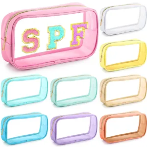 Cunno 9 Pcs Preppy Clear Makeup Bag DIY Chenille Letter Pouch Large Nylon Makeup Bag Travel Toiletry Zipper Cosmetic Organizer Pouch PVC Bags for Women, 9.5 x 5.1 x 2.8 Inch(Colorful)