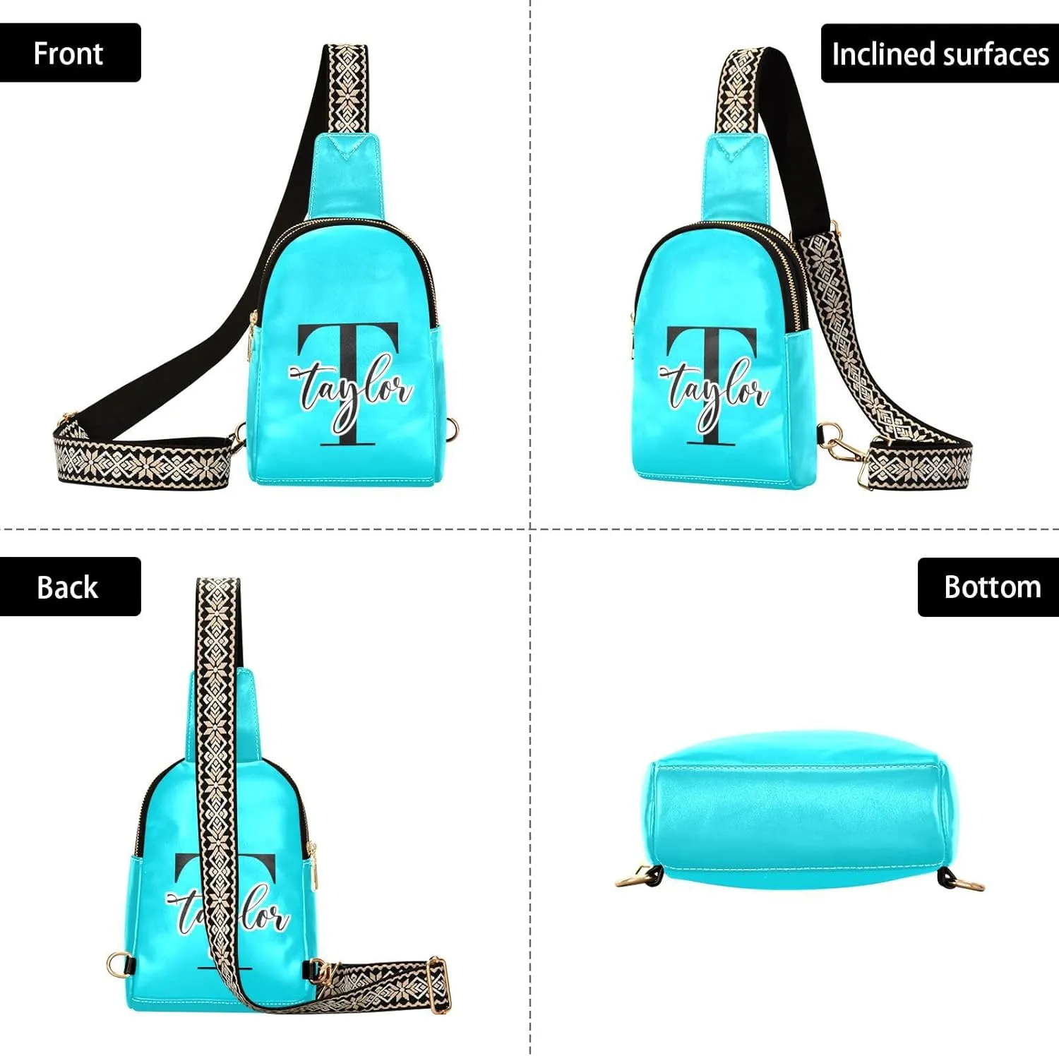 Custom Bright Teal Sling Bag for Women Personalized Leather Crossbody Bags Crossbody Chest Bag Purse Backpack Satchel Bags with Adjustable Strap for Women Teen