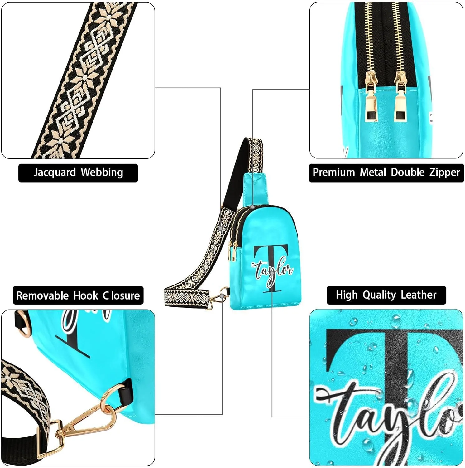 Custom Bright Teal Sling Bag for Women Personalized Leather Crossbody Bags Crossbody Chest Bag Purse Backpack Satchel Bags with Adjustable Strap for Women Teen