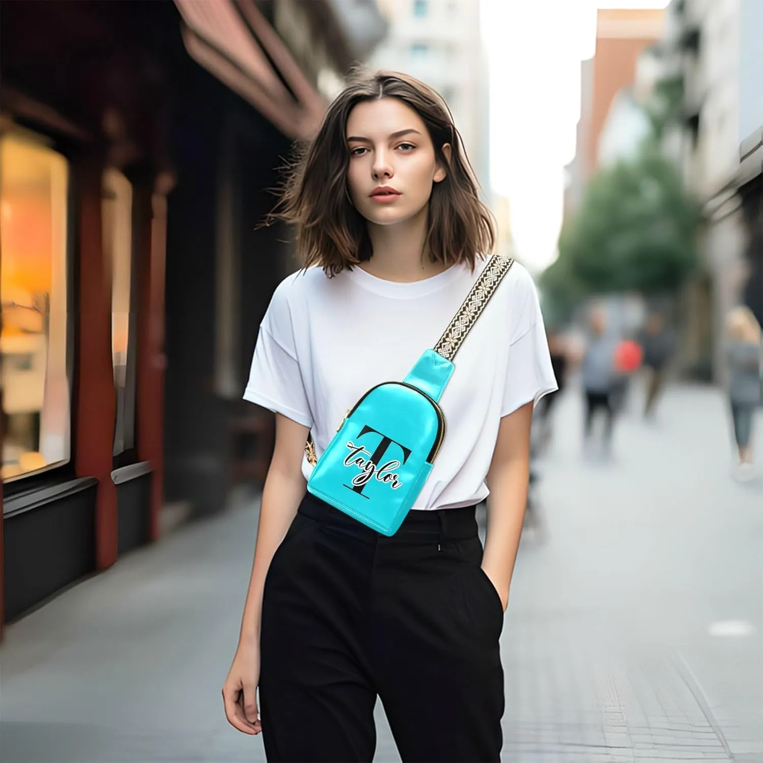 Custom Bright Teal Sling Bag for Women Personalized Leather Crossbody Bags Crossbody Chest Bag Purse Backpack Satchel Bags with Adjustable Strap for Women Teen