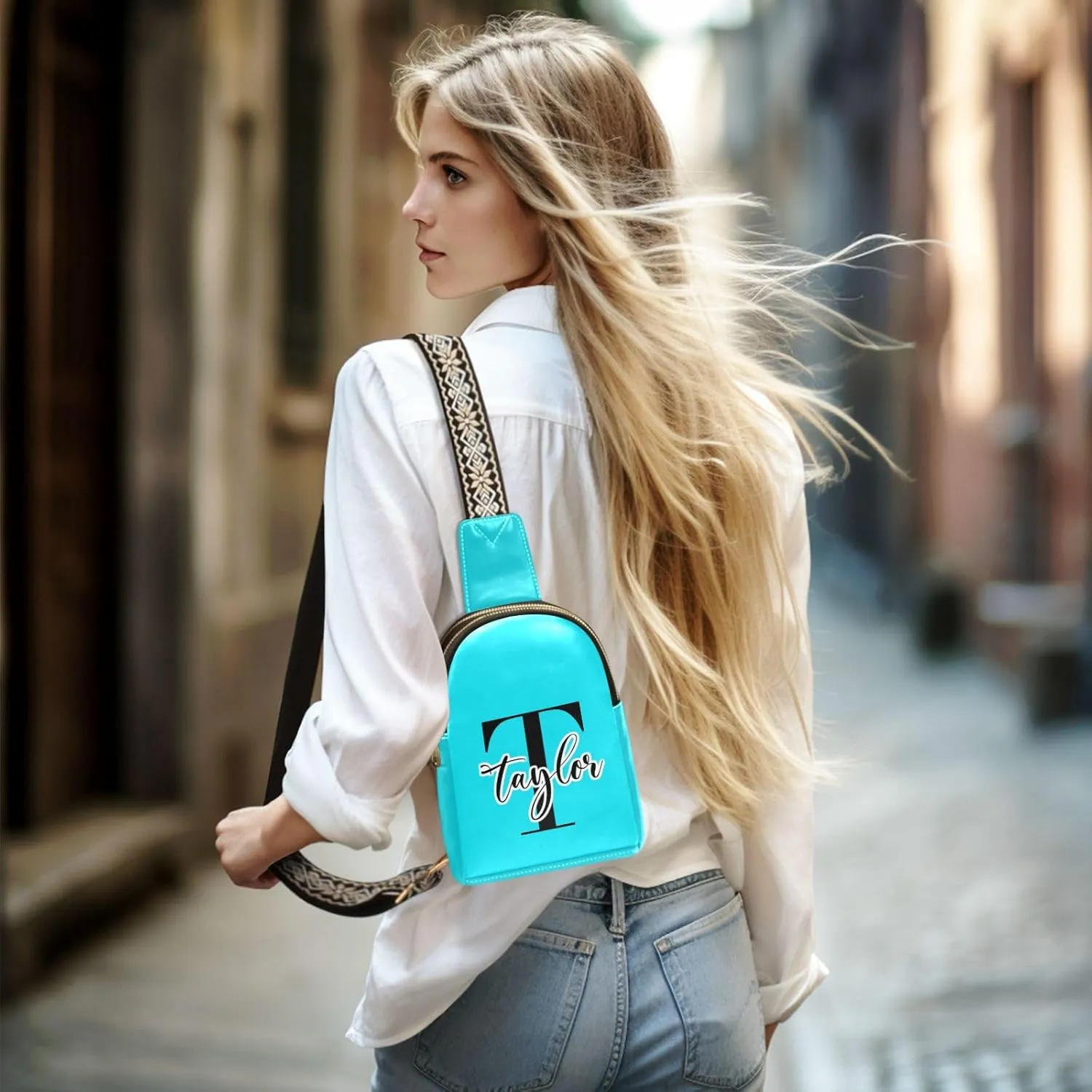 Custom Bright Teal Sling Bag for Women Personalized Leather Crossbody Bags Crossbody Chest Bag Purse Backpack Satchel Bags with Adjustable Strap for Women Teen
