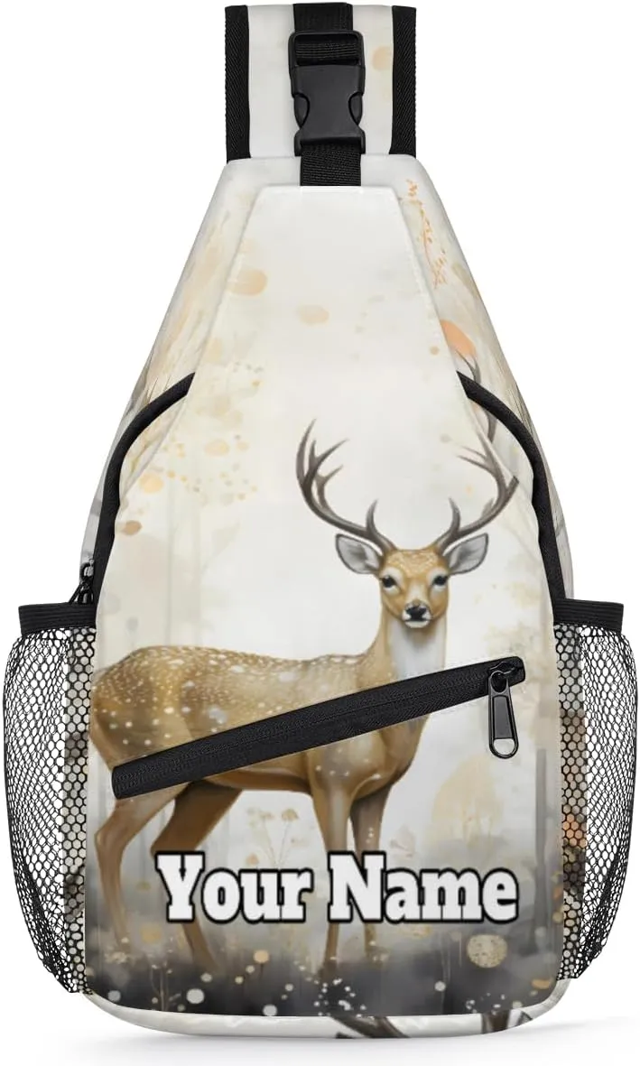 Custom Sling Bag With Name, Personalized Crossbody Shoulder Backpack for Men Women, Animal Deer Forest Multipurpose Chest Pack,Leisure Sports Outdoor, Deer