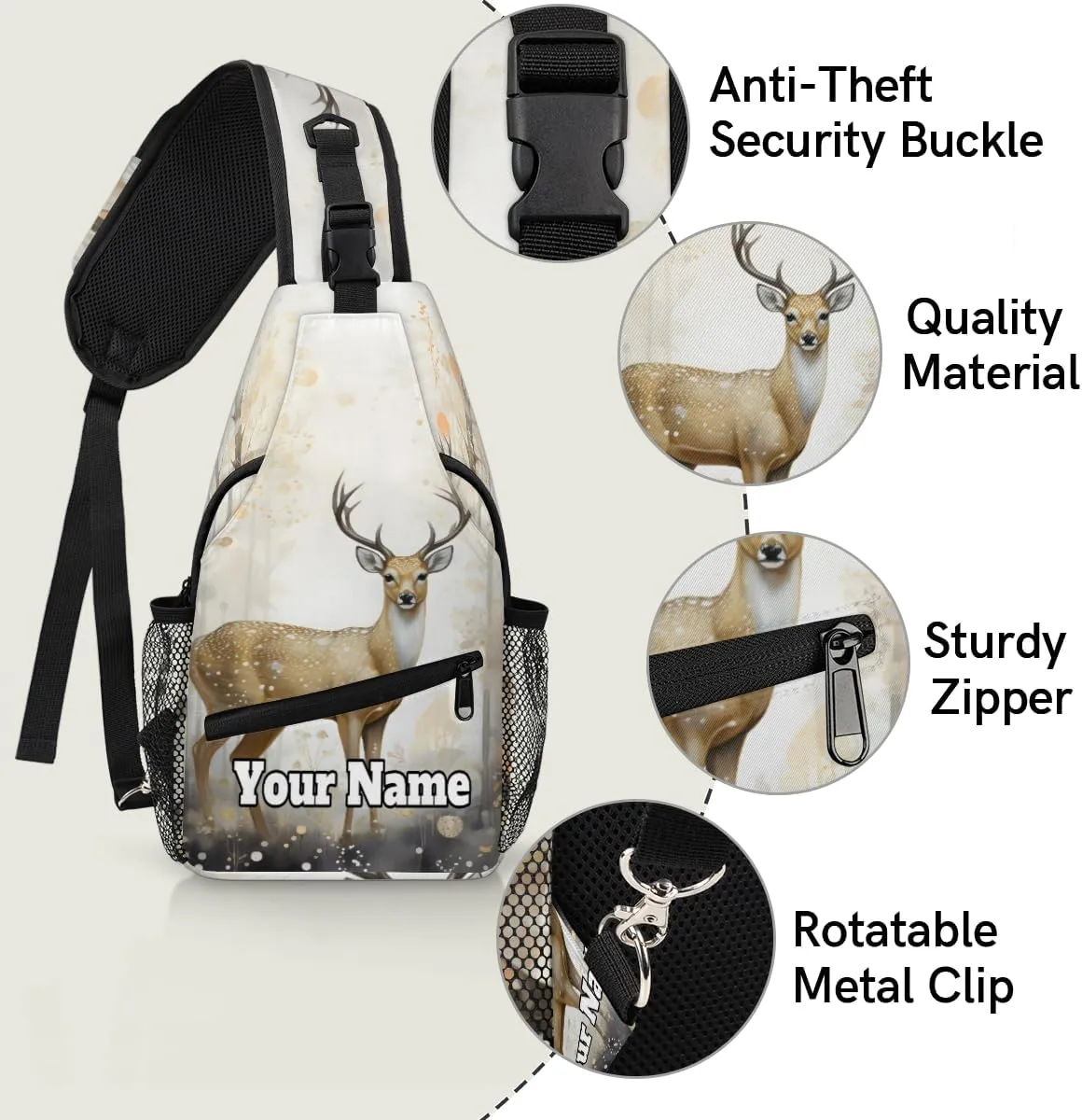 Custom Sling Bag With Name, Personalized Crossbody Shoulder Backpack for Men Women, Animal Deer Forest Multipurpose Chest Pack,Leisure Sports Outdoor, Deer