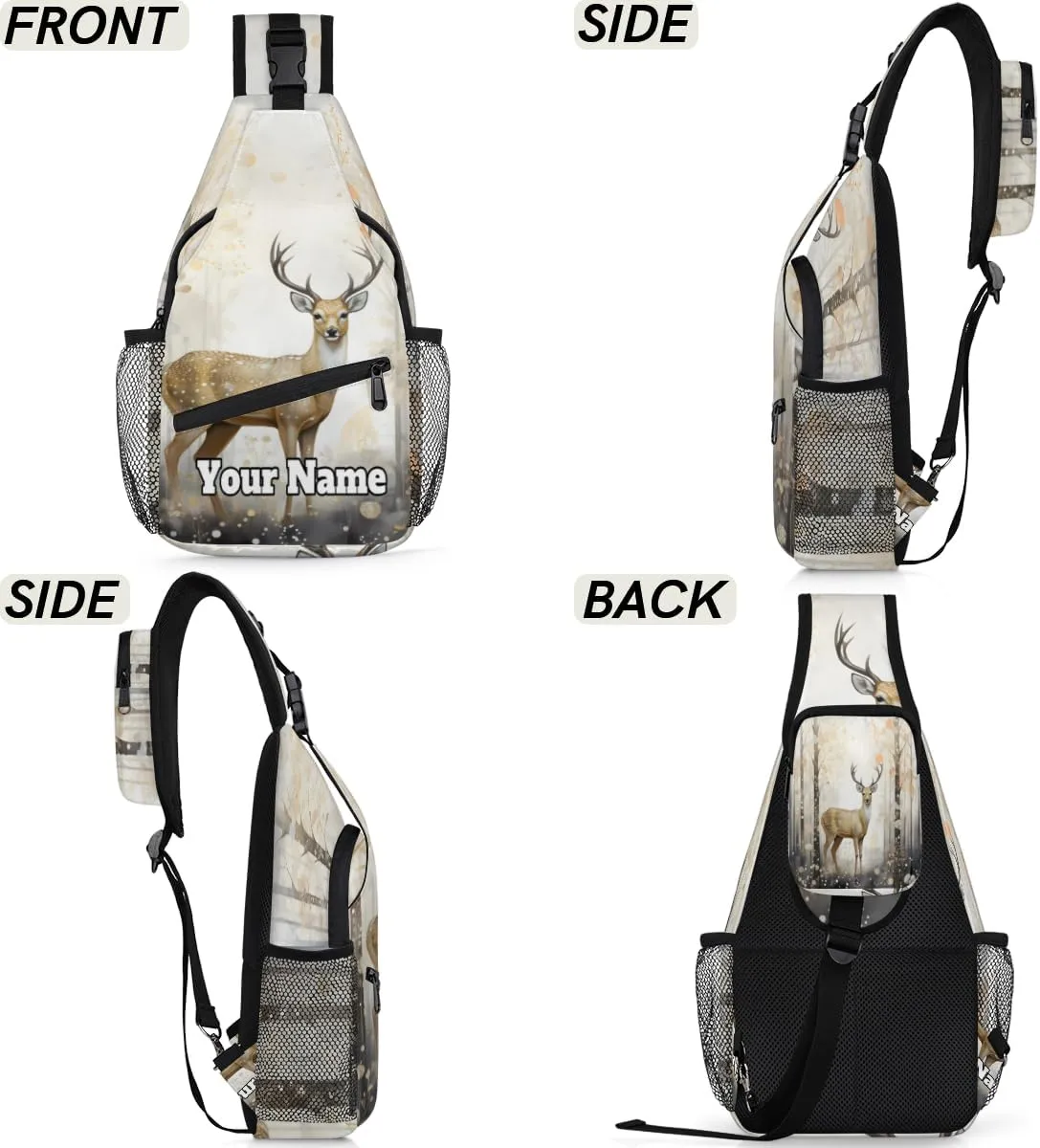 Custom Sling Bag With Name, Personalized Crossbody Shoulder Backpack for Men Women, Animal Deer Forest Multipurpose Chest Pack,Leisure Sports Outdoor, Deer