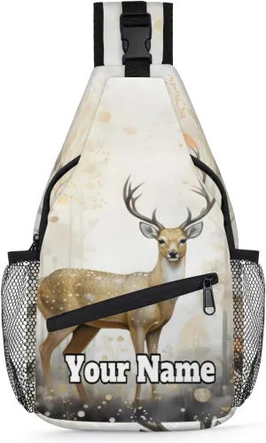 Custom Sling Bag With Name, Personalized Crossbody Shoulder Backpack for Men Women, Animal Deer Forest Multipurpose Chest Pack,Leisure Sports Outdoor, Deer