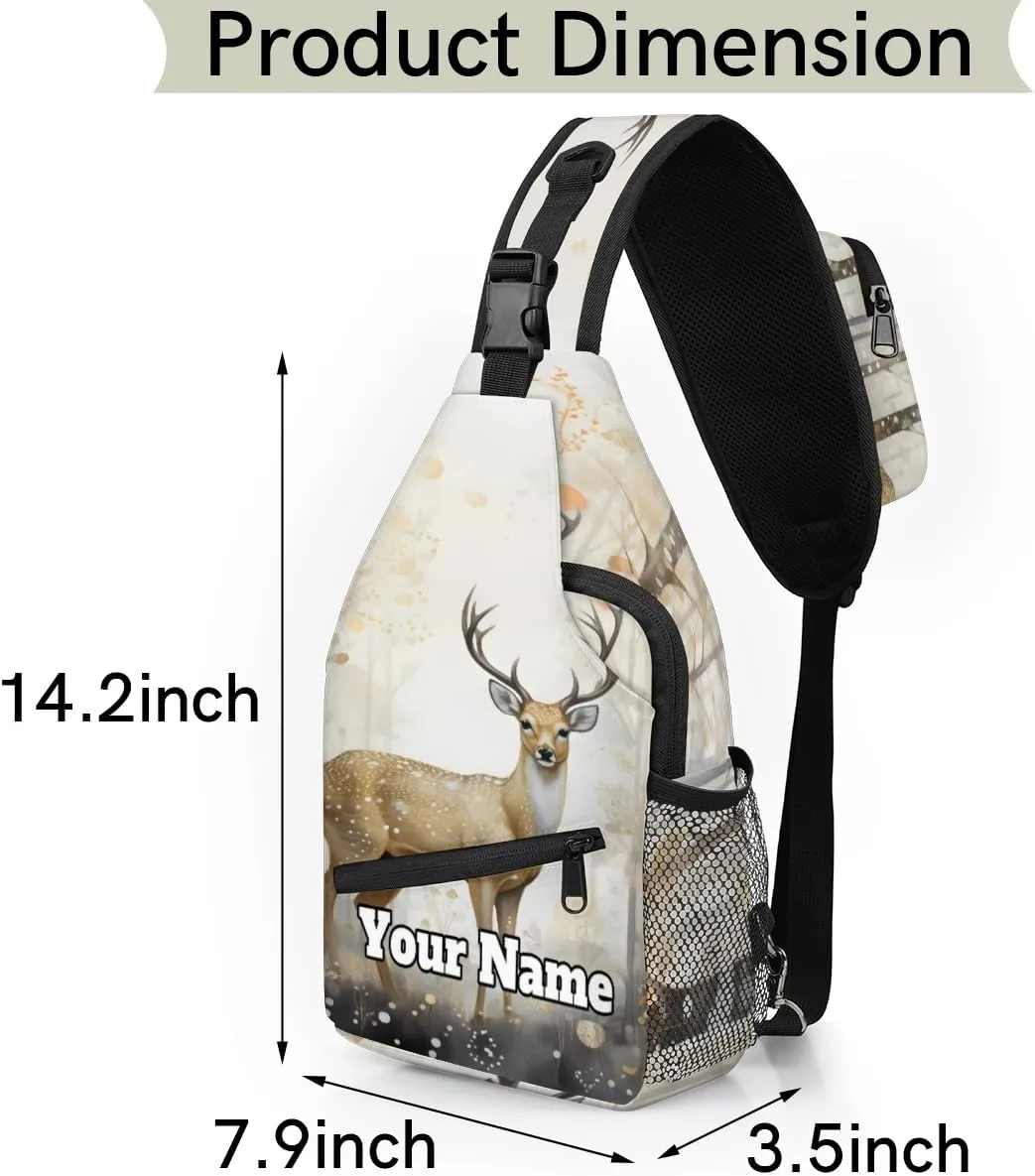 Custom Sling Bag With Name, Personalized Crossbody Shoulder Backpack for Men Women, Animal Deer Forest Multipurpose Chest Pack,Leisure Sports Outdoor, Deer