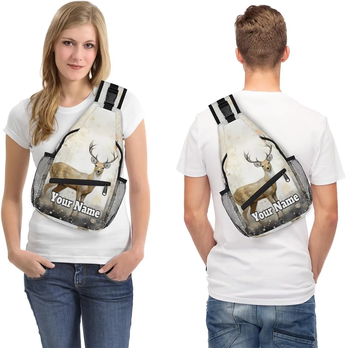 Custom Sling Bag With Name, Personalized Crossbody Shoulder Backpack for Men Women, Animal Deer Forest Multipurpose Chest Pack,Leisure Sports Outdoor, Deer