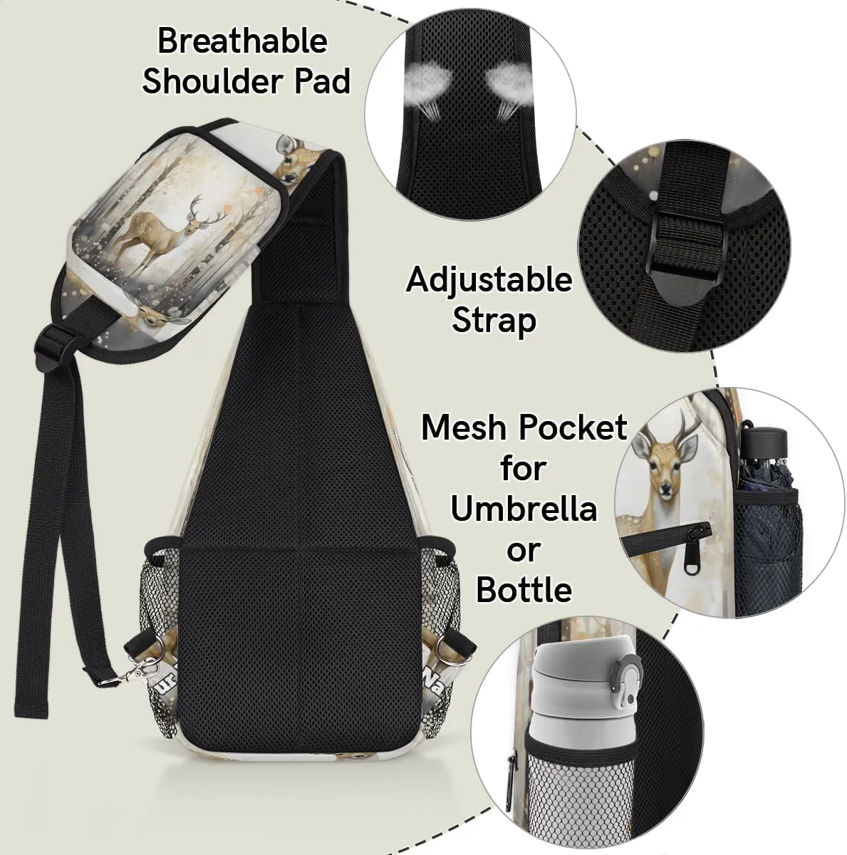 Custom Sling Bag With Name, Personalized Crossbody Shoulder Backpack for Men Women, Animal Deer Forest Multipurpose Chest Pack,Leisure Sports Outdoor, Deer