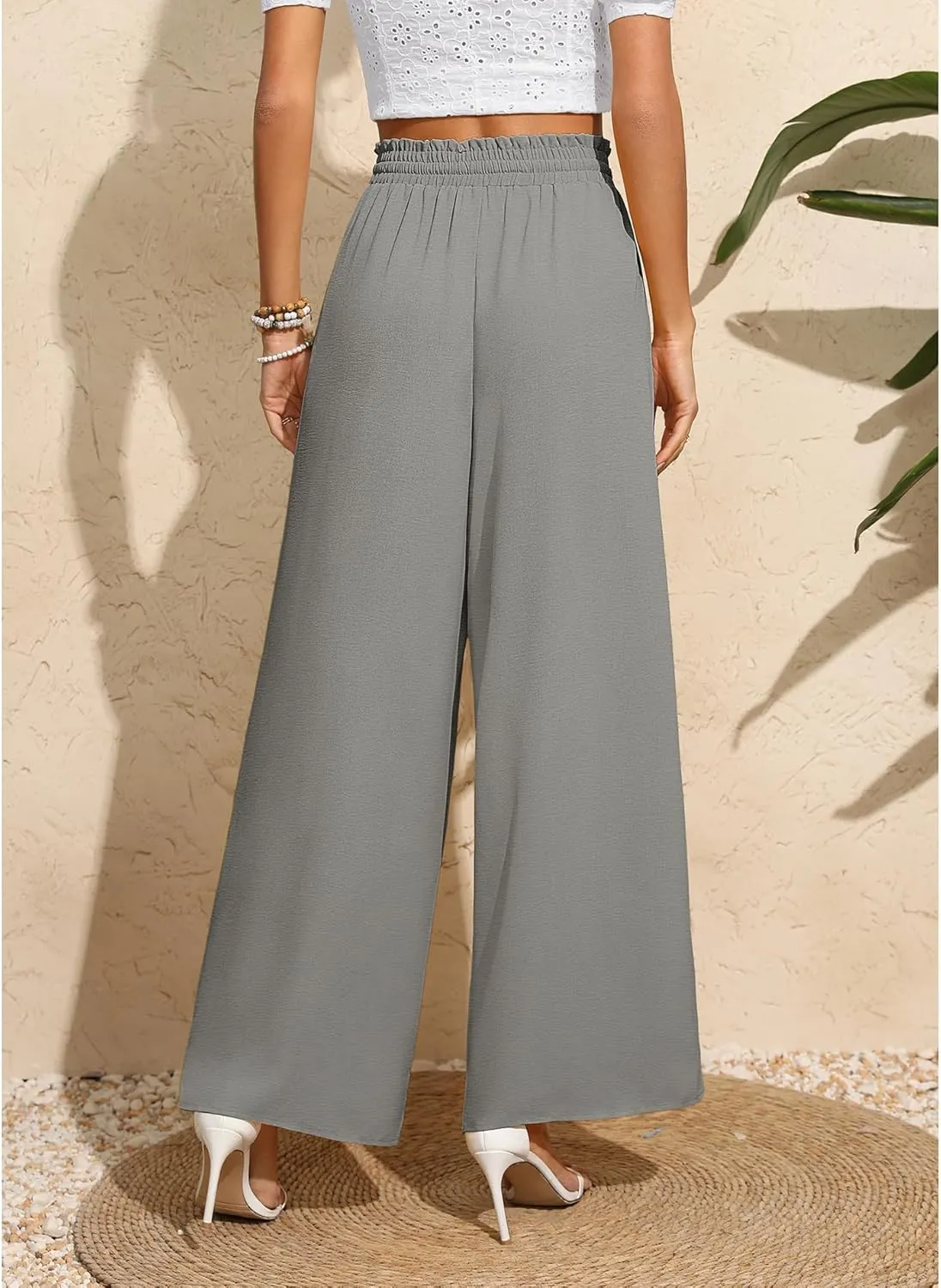 CZYINXIAN Women's Casual Wide Leg Pants Flowy Adjustable Tie Knot Elastic Waist Pants with Pockets