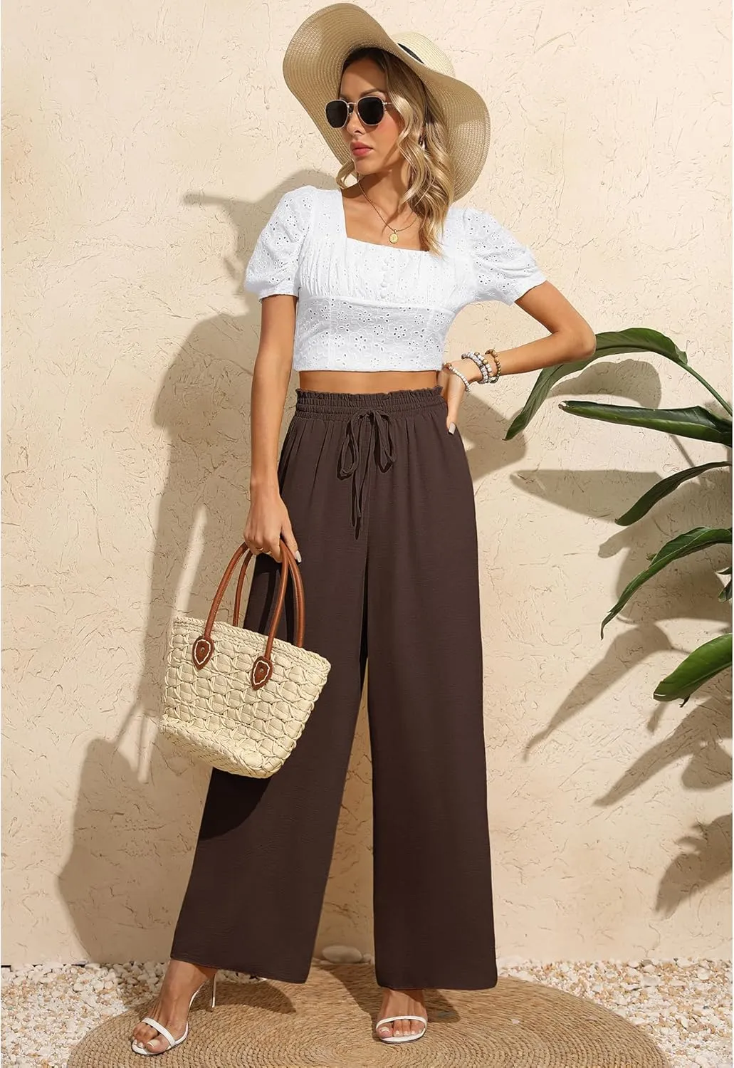 CZYINXIAN Women's Casual Wide Leg Pants Flowy Adjustable Tie Knot Elastic Waist Pants with Pockets
