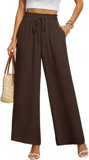 CZYINXIAN Women's Casual Wide Leg Pants Flowy Adjustable Tie Knot Elastic Waist Pants with Pockets